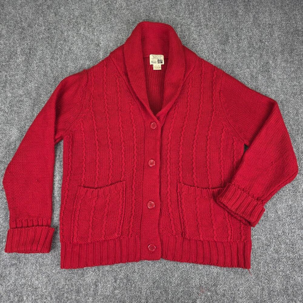 Vintage Sears Sweater Mens 42 Large Red Shawl Collar Cable Knit Cardigan 70s